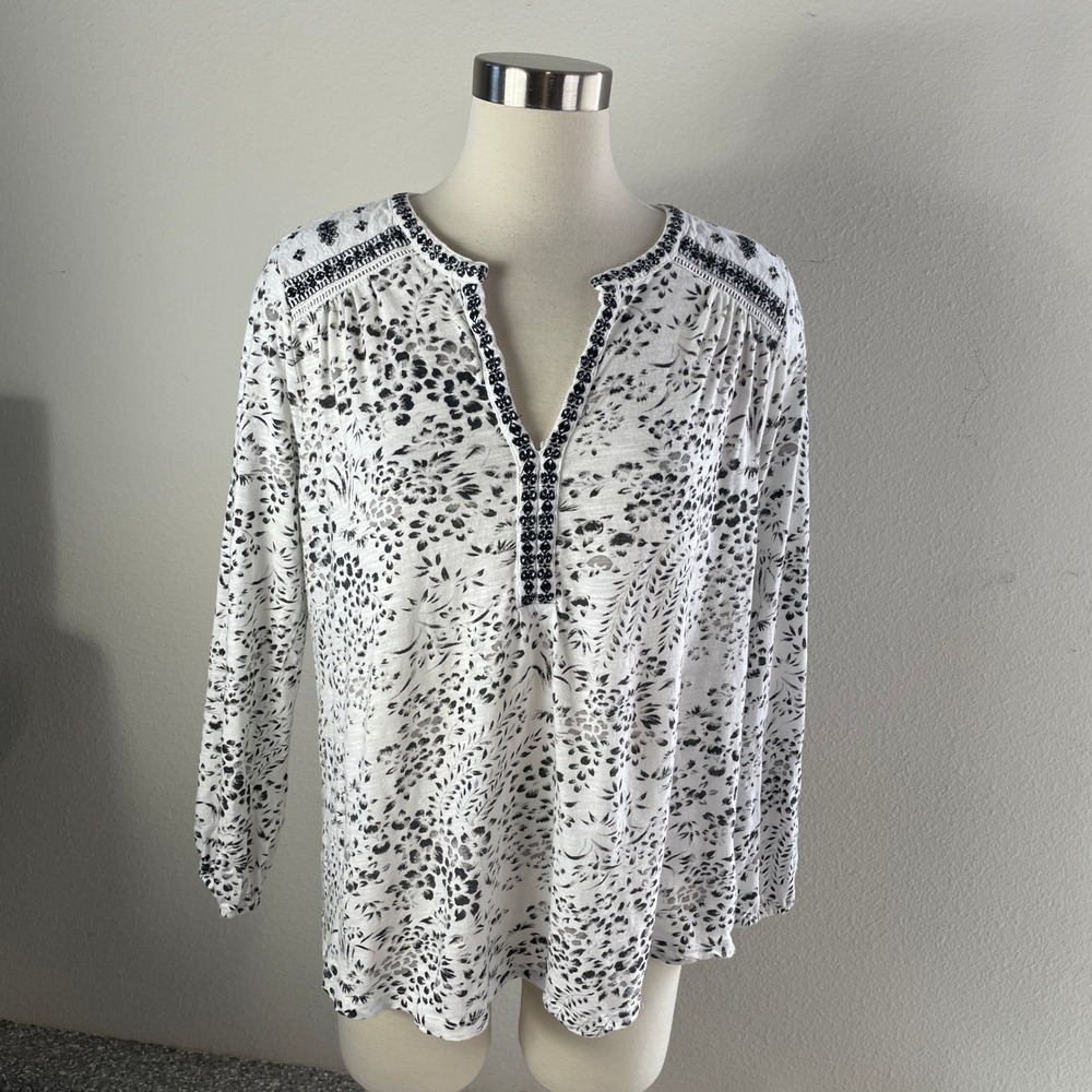 Lucky Brand Women Plus 1X Floral Metallic Embroidered‎ Knit Top Boho Shirt